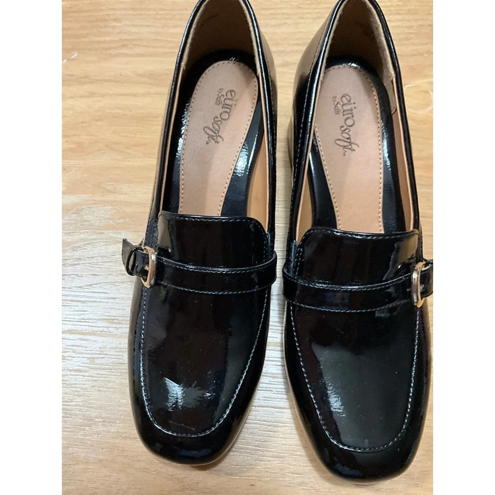 EuroSoft by Sofft Pearl Black Patent Block Heel Loafers Square Toe Pumps 10M
